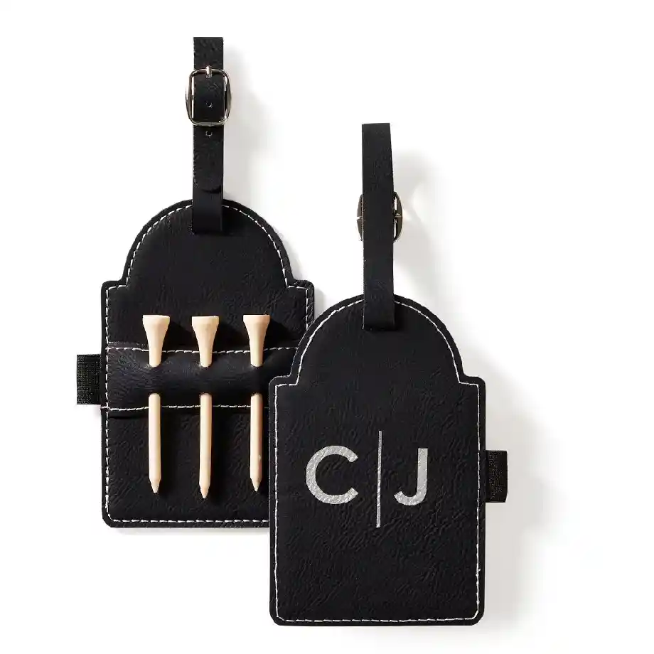 A durable and stylish golf bag tag with a built-in tee holder, perfect for keeping tees organized and adding a personalized touch to any golfer’s gear.