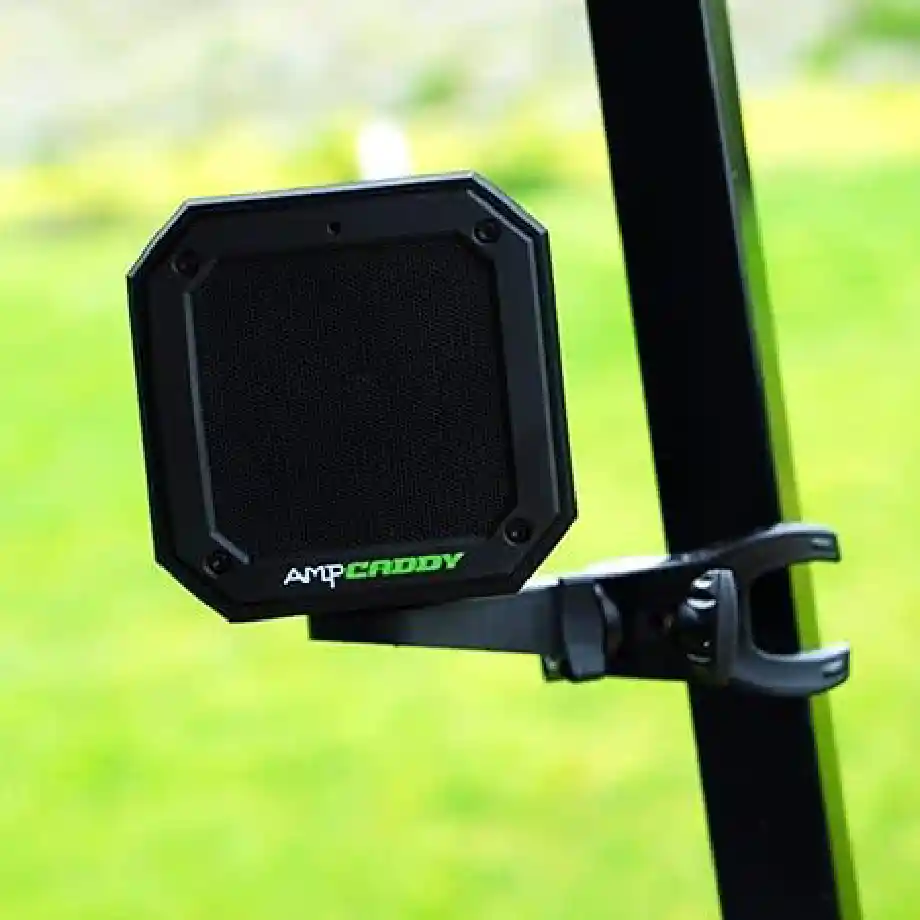 Ampcaddy Golf Bluetooth Speaker with mount, loud stereo sound, bass boost, extended Bluetooth range, and waterproof design—perfect for golf courses and outdoor adventures.