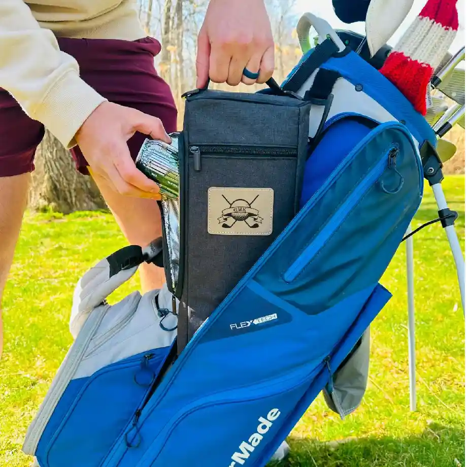 A custom insulated golf bag cooler designed to keep drinks cold on the course, featuring personalization options for a unique and practical golf gift idea.