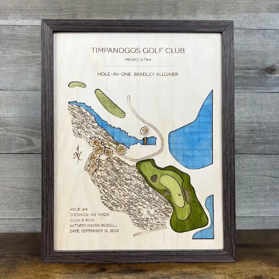 A custom golf gift showcasing a single golf hole design, perfect for commemorating a hole-in-one—great for golf gift ideas.