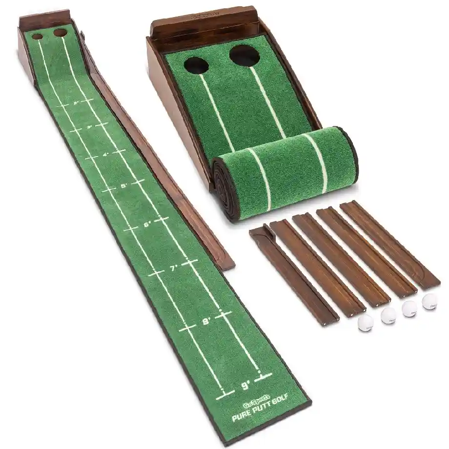 Practice Putting Mat with a green-like surface, alignment guides, and distance markers, perfect for golf gift ideas and improving putting skills indoors.