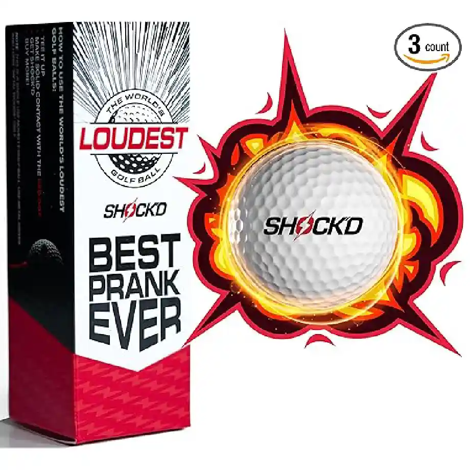 A sleeve of three SHOCK’D Golf Balls, designed to explode with an ear-splitting bang upon impact. The perfect novelty prank for surprising golf buddies, creating unforgettable reactions, and adding a hilarious twist to any round of golf. A must-have for golf prank enthusiasts!