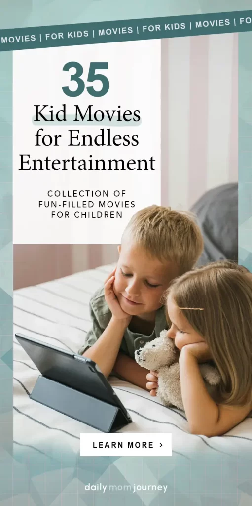 35 Kid Movies for Endless Entertainment Two children lying on a bed watching a tablet together, promoting a list of 35 fun kid movies for endless entertainment.