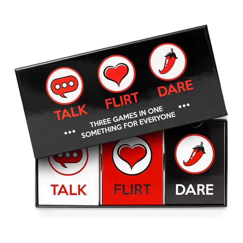 "Talk Flirt Dare" – a fun and romantic card game for couples, designed to enhance connection and intimacy through engaging conversation and playful challenges.