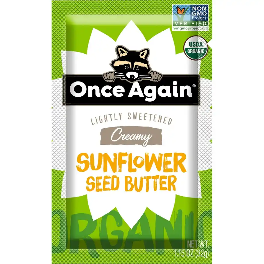 Sunflower seed butter squeeze pack, a convenient and nut-free snack for kids, offering a creamy, protein-packed option perfect for dipping or spreading.