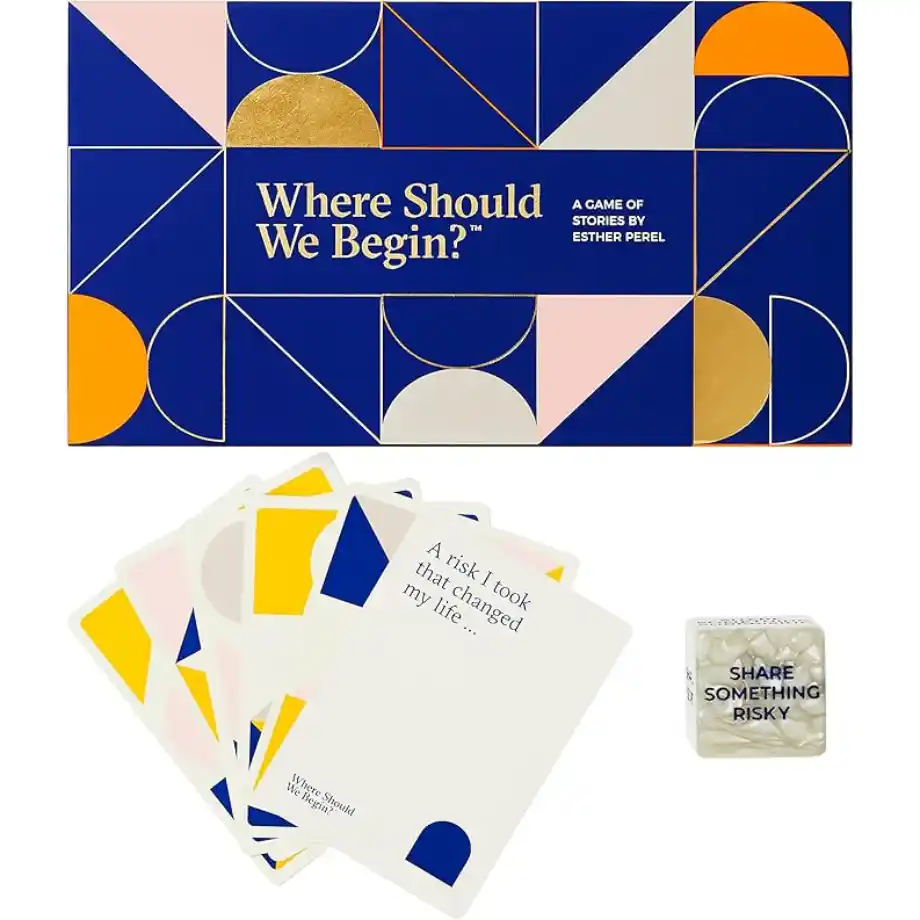 "Where Should We Begin" conversation card game by Esther Perel, designed for couples, friends, and co-workers to deepen connections through engaging prompts.