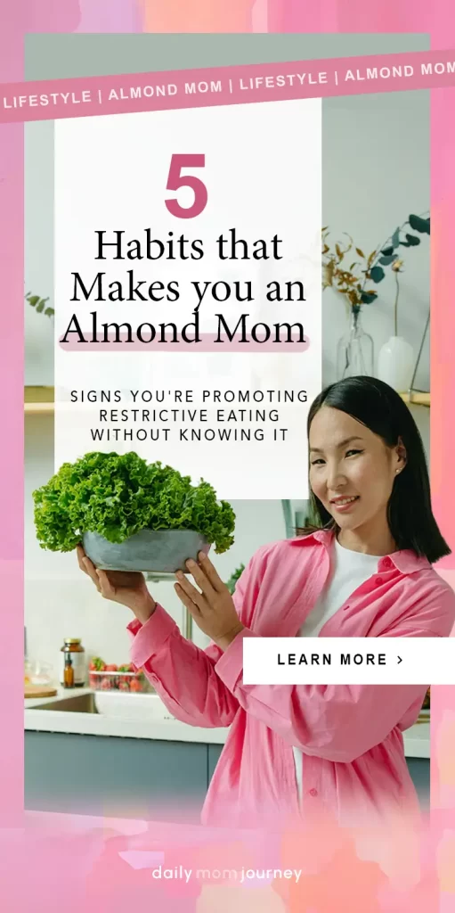 A woman in a pink jacket holding lettuce in a kitchen, promoting a positive relationship with food to avoid becoming an almond mom.