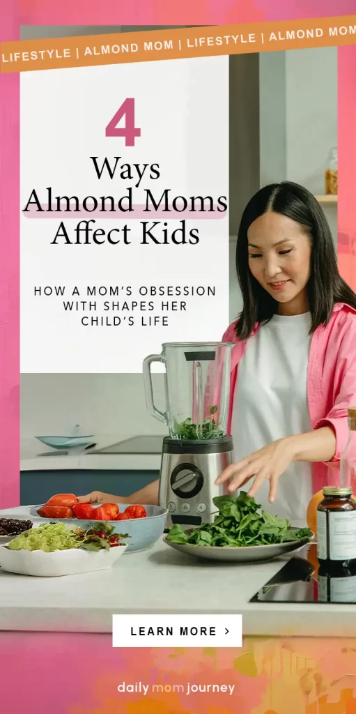 A woman in a kitchen blending spinach, illustrating how an almond mom’s obsession with food and health can shape a child’s life.