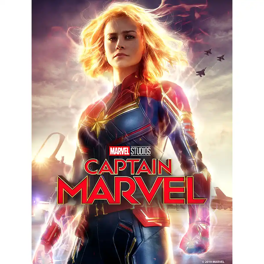 The image from Captain Marvel shows the powerful superhero soaring through space with glowing energy. An action-packed adventure in the Best Kid Movies category!