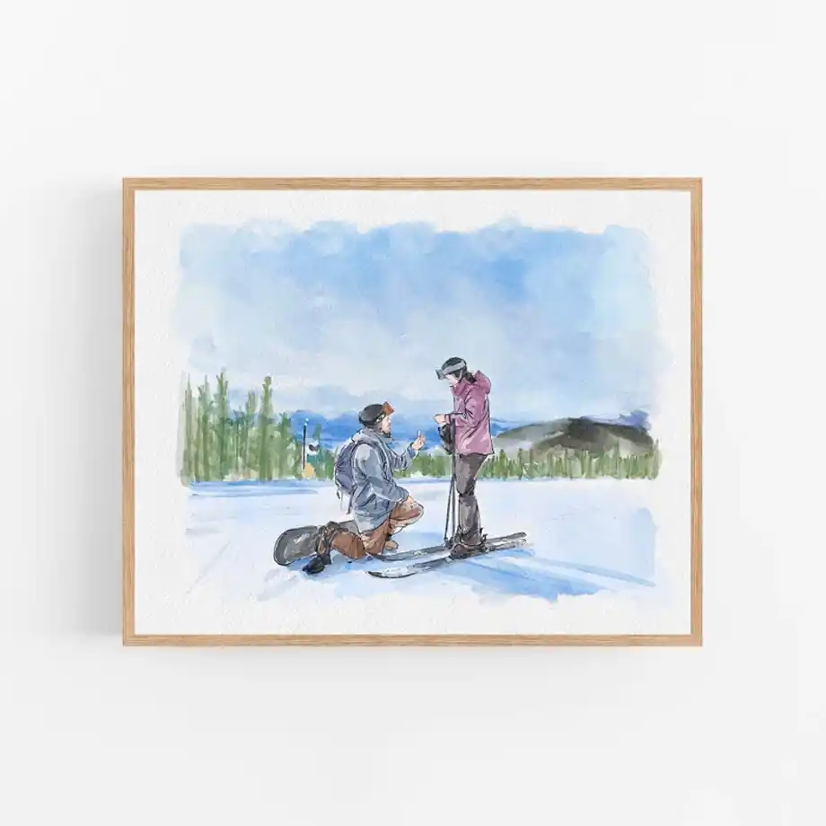 A beautifully crafted watercolor painting of a romantic ski resort proposal, featuring a man on one knee proposing to his partner in a snowy landscape. This personalized artwork makes a sentimental keepsake and one of the best engagement gift ideas for couples who cherish their special moment. A unique and artistic way to celebrate love and commitment.