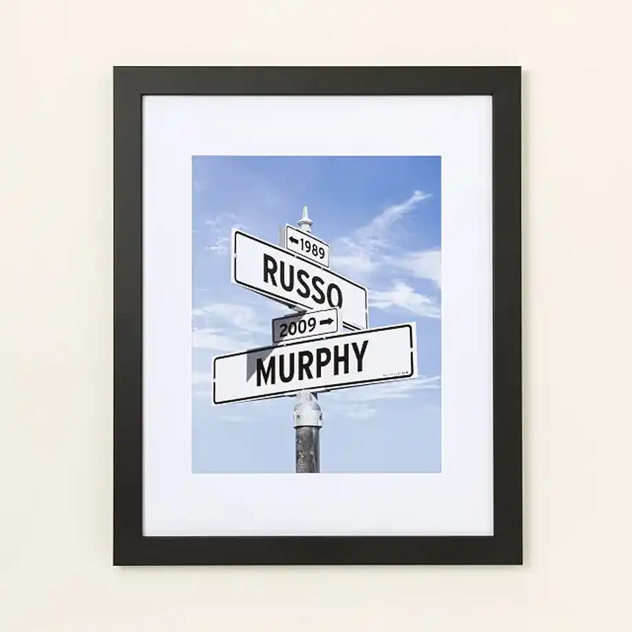 A framed custom print featuring street signs with personalized names and significant dates, symbolizing the union of two lives. Set against a bright blue sky, this creative and sentimental artwork makes a meaningful keepsake and one of the best engagement gift ideas for couples celebrating their love story.