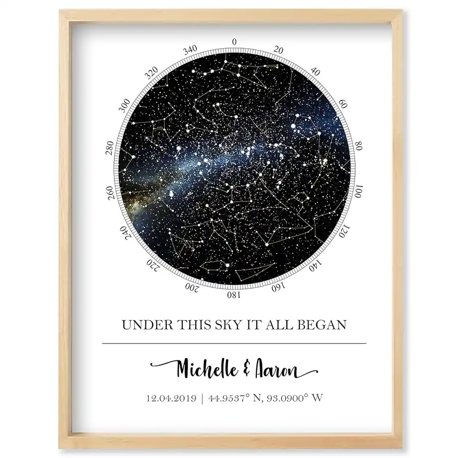 A personalized star map print featuring a detailed night sky representation of a special date and location, framed with the couple’s names and coordinates. This celestial-themed artwork makes a meaningful and romantic choice for engagement gift ideas, commemorating the moment their love story began.