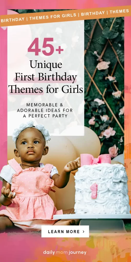  A baby girl in a pink dress sits beside a white birthday cake with a pink "1" topper, surrounded by soft florals and elegant decorations. A charming choice for first birthday themes for girls.