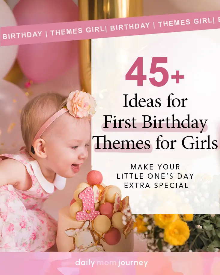 A baby girl in a floral dress and headband leans toward a birthday cake decorated with a pink "1" topper, surrounded by balloons. A perfect inspiration for first birthday themes for girls.