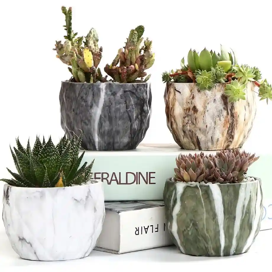 Set of four SE SUN-E marbling ceramic planter pots (3.35 inches) with drainage holes, perfect for succulents or cacti. A great gift idea for coworkers who love stylish desk or home decor.