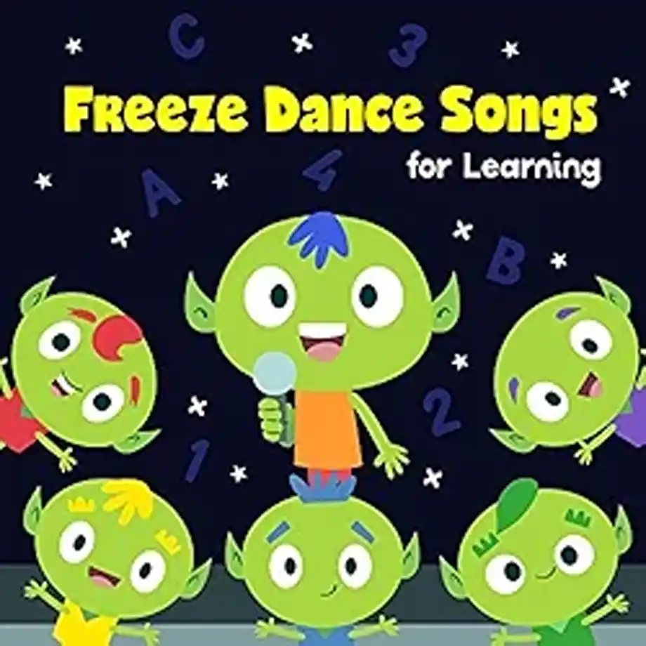 A colorful cartoon image featuring six green alien-like characters dancing under a starry night sky. The text "Freeze Dance Songs for Learning" is displayed, making it a fun and educational choice for Indoor Games that keep kids active and engaged.