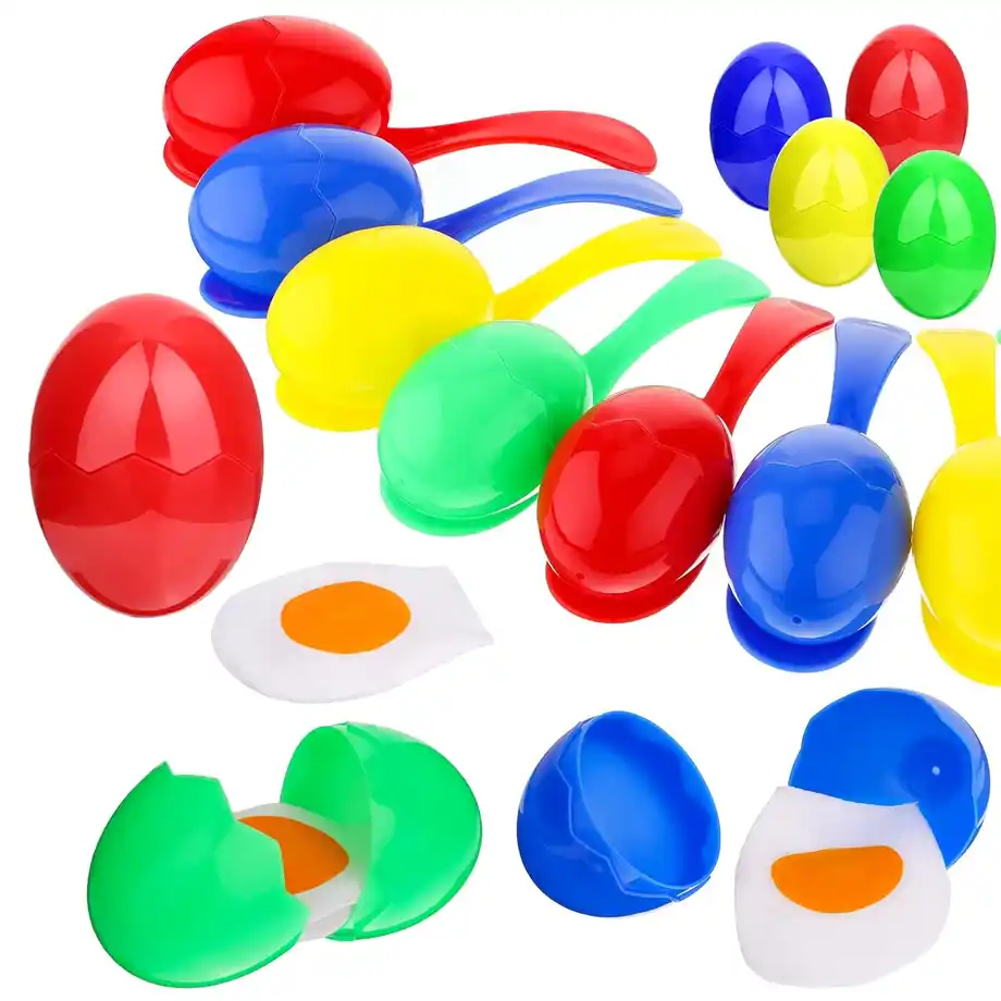 A bright and playful plastic egg and spoon race set, featuring red, blue, green, and yellow eggs that crack open to reveal a realistic yolk inside. This engaging activity is perfect for Indoor Games, offering a mess-free way to enjoy the classic balance challenge at parties, school events, and family gatherings.