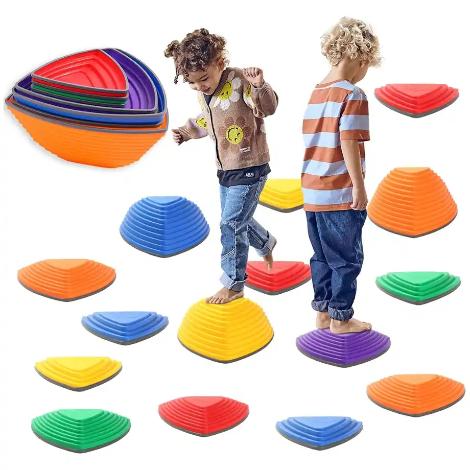 Two children balancing on vibrant, textured stepping stones in various colors, including yellow, blue, red, green, and orange. These durable, non-slip stepping stones are perfect for Indoor Games, promoting coordination, balance, and active fun for kids at home, schools, or play centers.