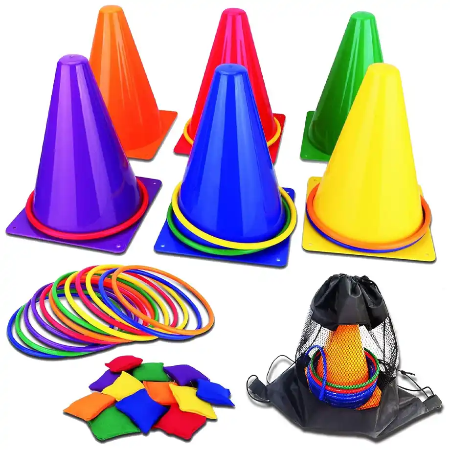 A vibrant ring toss game set featuring multicolored plastic cones, rings, and bean bags, neatly arranged with a storage bag. This engaging set is perfect for Indoor Games, helping kids develop hand-eye coordination, focus, and motor skills while having fun at home, school, or parties.







