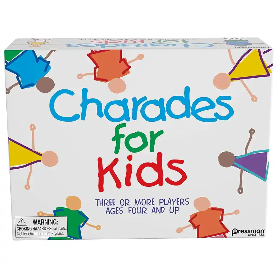 A colorful Charades for Kids board game box designed for children aged four and up. This classic Indoor Game is perfect for family gatherings, parties, and playdates, encouraging creativity, teamwork, and laughter while keeping kids entertained indoors.