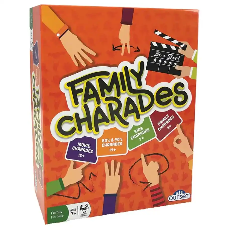 A vibrant Family Charades board game box featuring multiple game modes, including Movie Charades, 80’s & 90’s Charades, Kids Charades, and Family Charades. This engaging Indoor Games option is perfect for family game nights, parties, and gatherings, providing endless laughter and entertainment for players aged 7 and up.