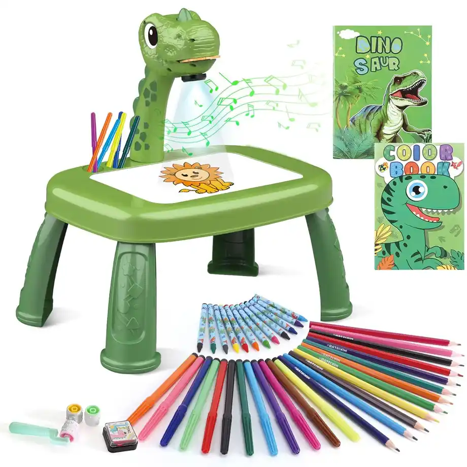 A green dinosaur-themed projection drawing table designed for kids, featuring a built-in projector that displays images for tracing and coloring. The set includes colorful markers, pencils, crayons, and dinosaur-themed coloring books, making it a fantastic Indoor Games activity that encourages creativity and artistic skills. Perfect for toddlers and young children who love dinosaurs and drawing.