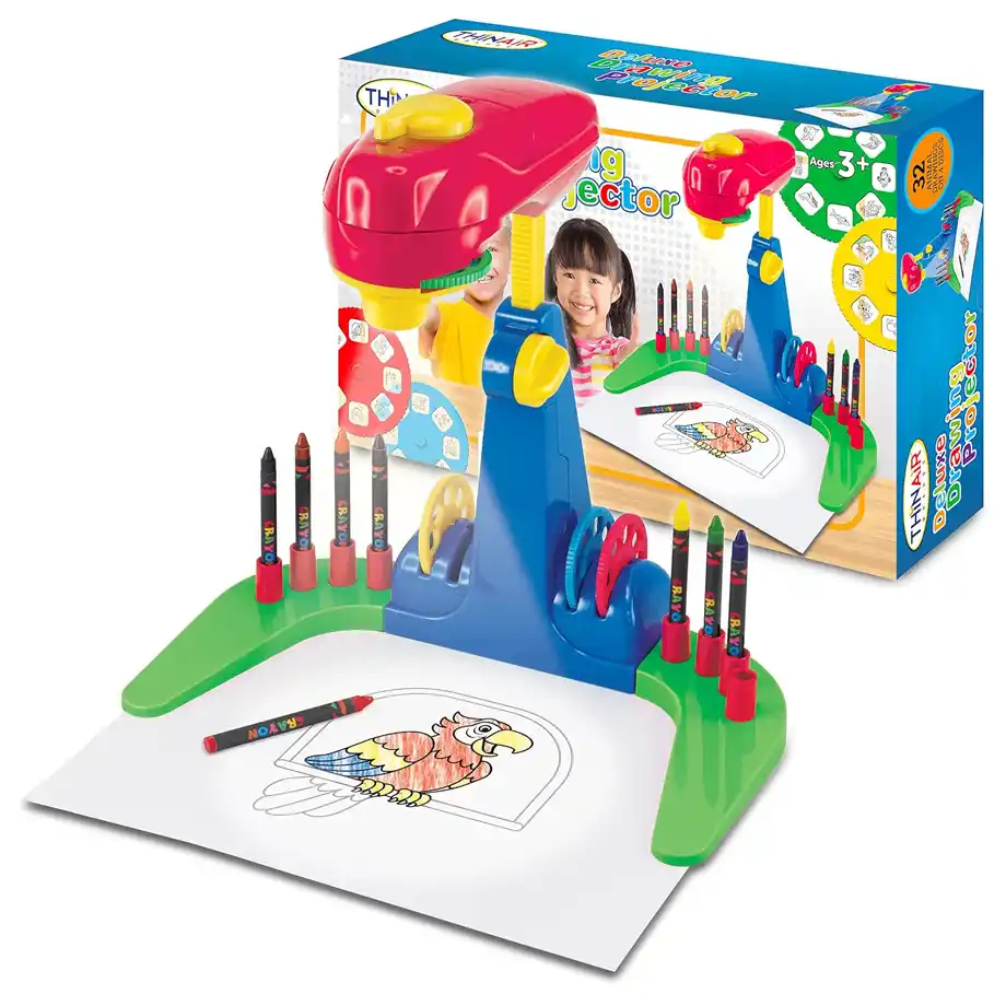 A colorful drawing projector table for kids, featuring a built-in projector that displays images for easy tracing and coloring. The set includes multiple projection slides, crayons, and a sturdy base with organized storage for art supplies. This fun and educational Indoor Games activity enhances creativity and fine motor skills, making it a great choice for young children who enjoy art and crafts.