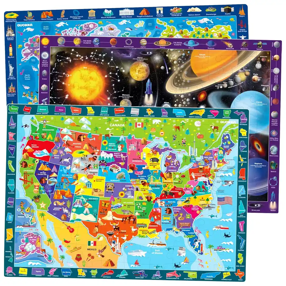 A vibrant set of educational puzzles featuring maps of the USA, world landmarks, and the solar system. Each puzzle is designed with colorful illustrations and labeled details to enhance children's learning while they play. This engaging Indoor Games activity helps kids develop problem-solving skills, geography knowledge, and curiosity about space in a fun and interactive way.