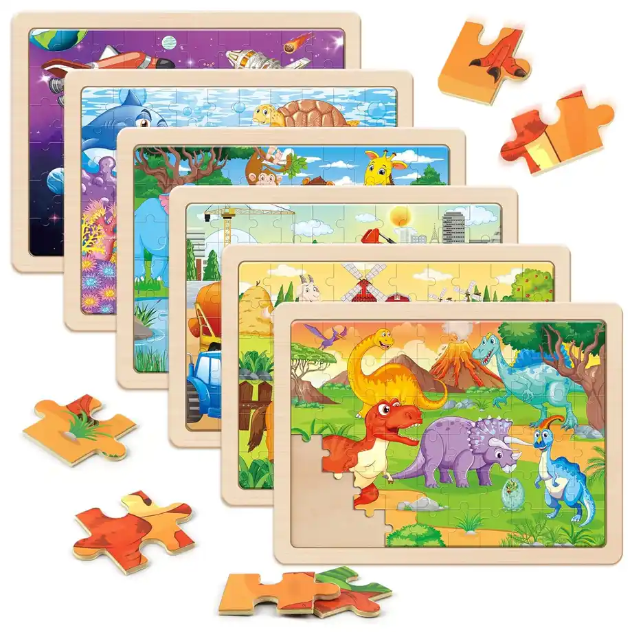 A set of colorful wooden jigsaw puzzles featuring fun themes like dinosaurs, space, animals, and construction scenes. These puzzles are designed for young children to develop cognitive skills, hand-eye coordination, and problem-solving abilities. Perfect for Indoor Games, this educational activity keeps kids entertained while fostering creativity and learning in a fun way.