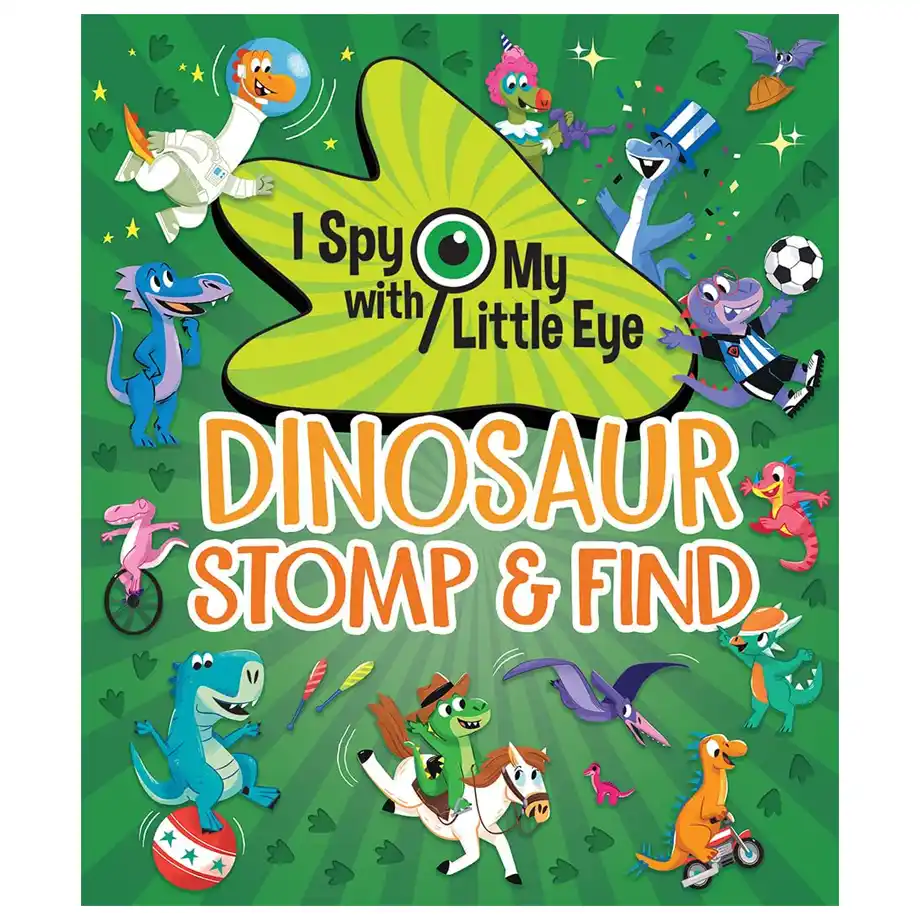 A vibrant and engaging I Spy book titled Dinosaur Stomp & Find, featuring colorful cartoon dinosaurs in various playful activities. This interactive book is perfect for Indoor Games, helping kids develop observation skills, concentration, and problem-solving abilities while having fun spotting hidden objects. A great educational activity for toddlers and young children.