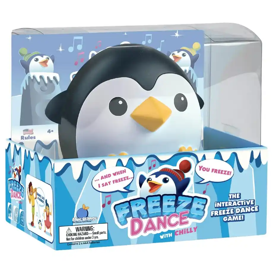 A boxed interactive Freeze Dance game featuring a cute penguin toy named Chilly. The packaging highlights the game's musical and movement-based features, making it a perfect choice for Indoor Games that keep kids entertained and active.