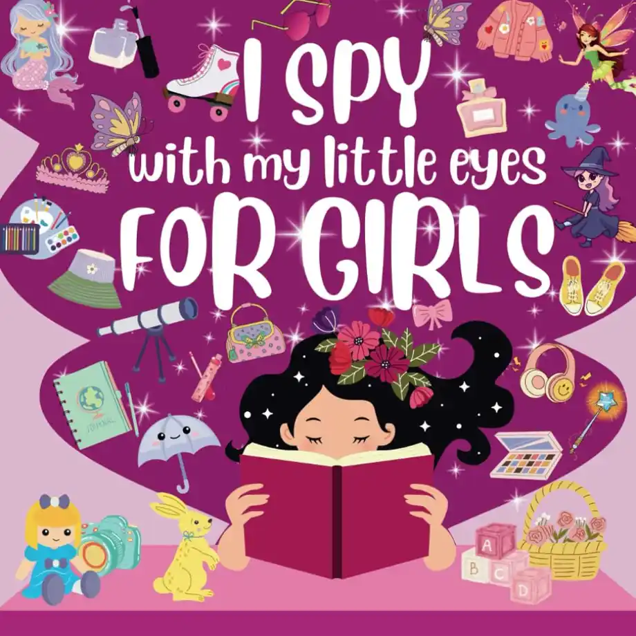 A colorful and engaging I Spy book titled I Spy with My Little Eyes for Girls, featuring a young girl reading a book surrounded by various playful and girly items like toys, makeup, accessories, and magical elements. This interactive book is perfect for Indoor Games, encouraging kids to develop focus, memory, and observation skills while having fun spotting hidden objects. A delightful activity for young girls to enjoy at home.