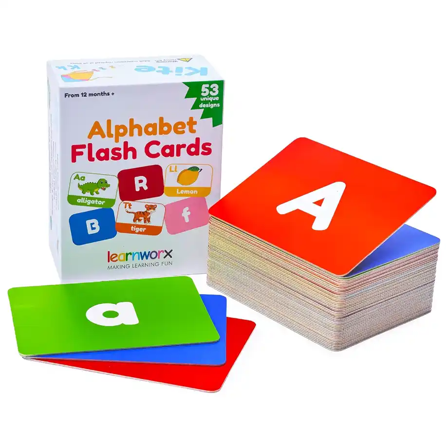 A set of Alphabet Flash Cards designed for toddlers and young children, featuring bright and colorful cards with uppercase and lowercase letters. The box showcases fun illustrations like an alligator, tiger, and lemon to help with early learning. These flashcards are a great educational tool for Indoor Games, helping kids develop letter recognition, vocabulary, and memory skills while having fun at home.