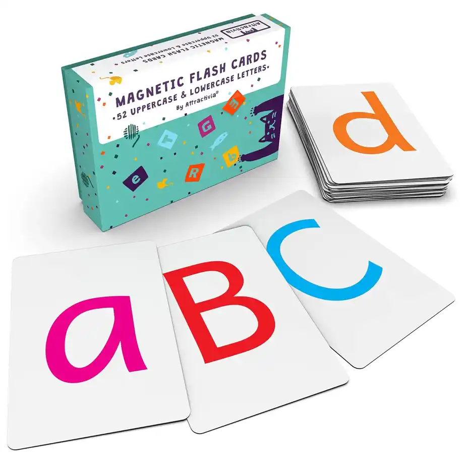 A set of Magnetic Flash Cards featuring uppercase and lowercase letters in bright colors. The box includes 52 alphabet cards designed to enhance early literacy skills in young children. These magnetic cards are perfect for interactive Indoor Games, making learning fun and engaging while helping kids recognize letters and improve their reading readiness at home.