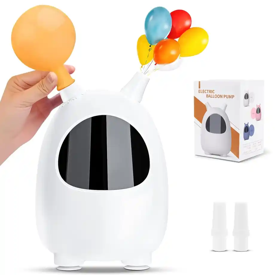 A sleek, modern Electric Balloon Pump designed to quickly inflate balloons for parties and events. The compact white device features a futuristic design with a black screen-like front and is shown inflating colorful balloons. The included attachments make it easy to use for various balloon sizes. Perfect for Indoor Games and party decorations, this balloon pump helps create a festive atmosphere for birthdays, celebrations, and fun activities at home.