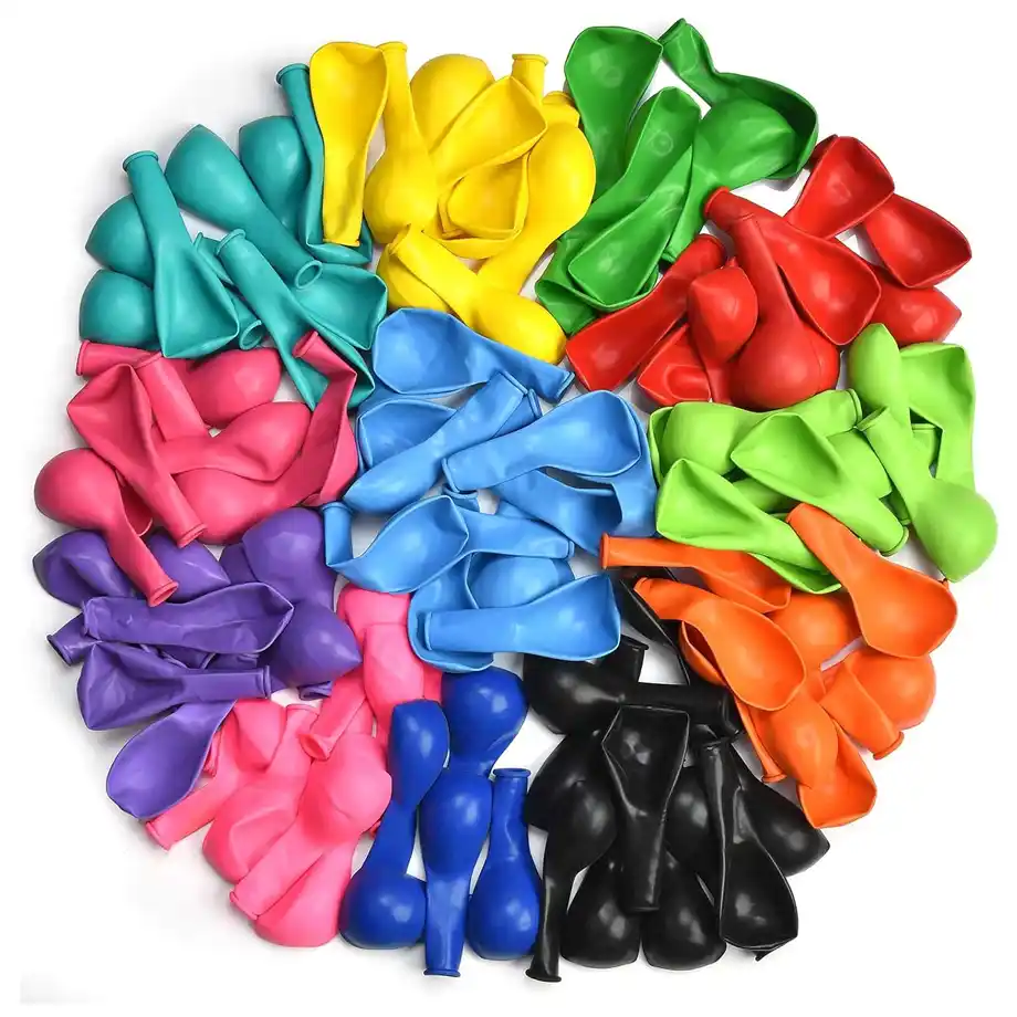 A vibrant assortment of uninflated balloons in various colors, including red, blue, green, yellow, pink, purple, orange, and black, arranged in a circular pattern. These balloons are perfect for Indoor Games, party decorations, and fun activities like balloon races, balloon popping challenges, and DIY balloon animals. Ideal for birthdays, celebrations, and interactive indoor fun for kids and families.