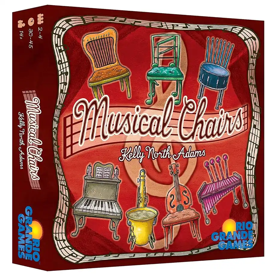 The box cover of the Musical Chairs board game by Rio Grande Games features a vibrant red background with various artistic chair illustrations inspired by musical instruments. This engaging game is a fantastic option for Indoor Games, bringing a fun and strategic twist to the traditional musical chairs activity.