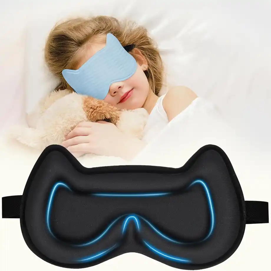 A soft and comfortable kids' sleep mask, perfect for indoor games like blindfold challenges, scavenger hunts, and party activities, adding excitement and fun to playtime.