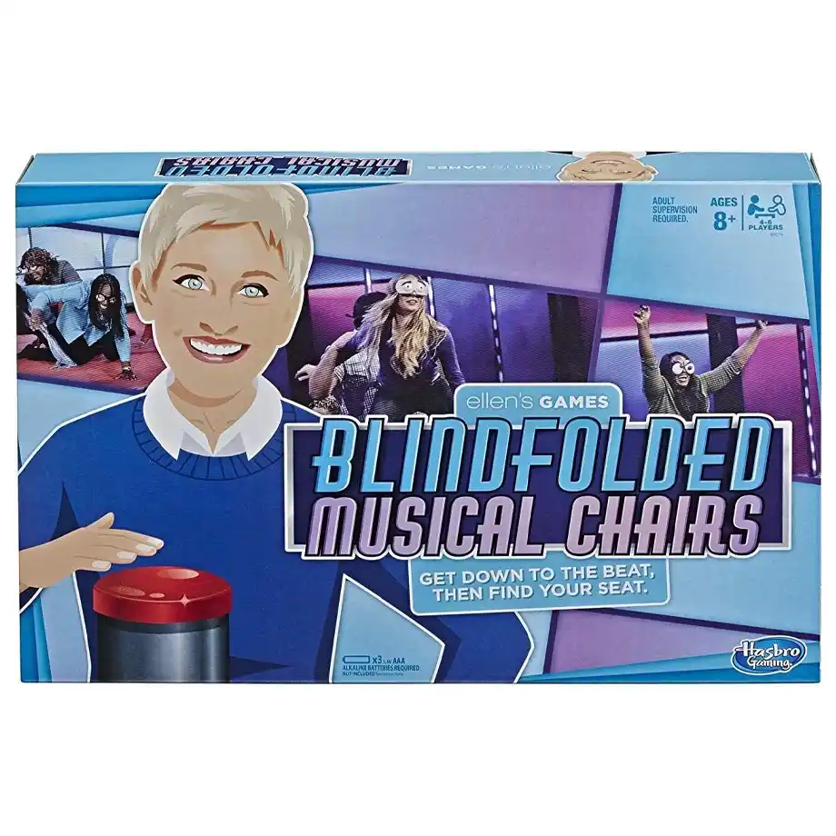 The box cover of Blindfolded Musical Chairs, part of Ellen's Games by Hasbro, features a fun and exciting party game where players wear blindfolds while finding their seats. The design includes an illustration of Ellen DeGeneres and images of players laughing and stumbling. This game adds a unique challenge to traditional Indoor Games, making it a perfect choice for parties and family gatherings.