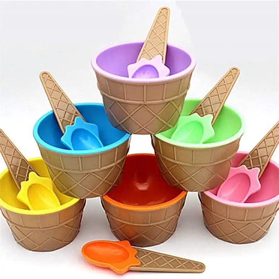 A set of vibrant, cartoon-themed ice cream bowls perfect for serving desserts or using in indoor games, like sorting challenges or creative stacking activities for kids.