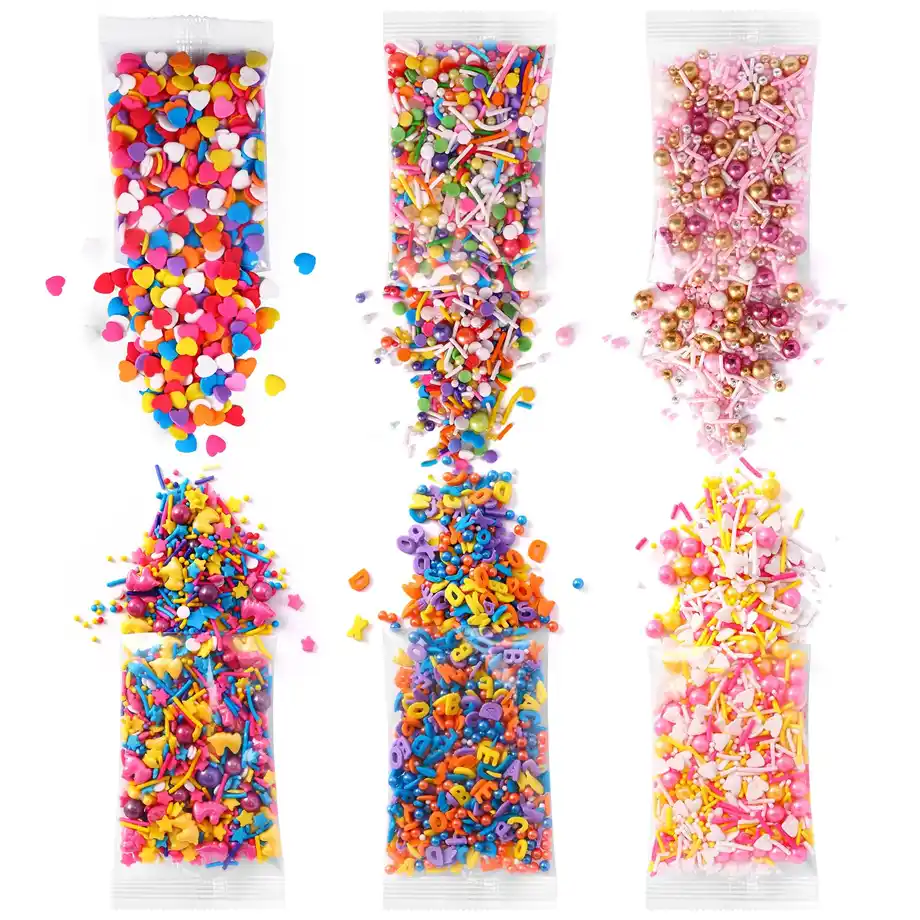 A vibrant assortment of colorful sprinkles, perfect for decorating cakes, cupcakes, and cookies, or using in indoor games like creative baking challenges and dessert decorating contests.