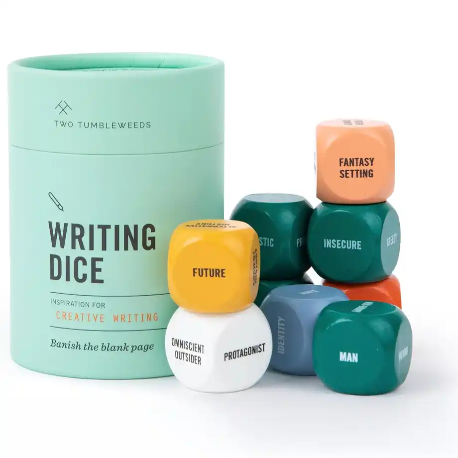 A set of colorful writing dice by Two Tumbleweeds, designed to inspire creative writing. The dice feature various prompts such as "Future," "Fantasy Setting," and "Omniscient Outsider." This engaging indoor game is perfect for storytelling and creative brainstorming, making it a great addition to any collection of indoor games.