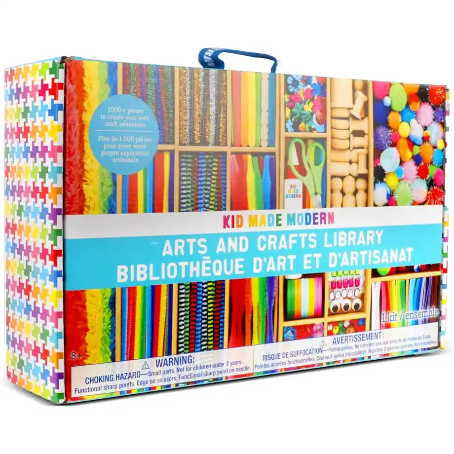 A colorful arts and crafts kit by Kid Made Modern, featuring over 1,000 pieces, including pipe cleaners, pom-poms, beads, scissors, and more. Ideal for engaging indoor games, DIY projects, and creative activities for kids, making every playtime fun and educational.