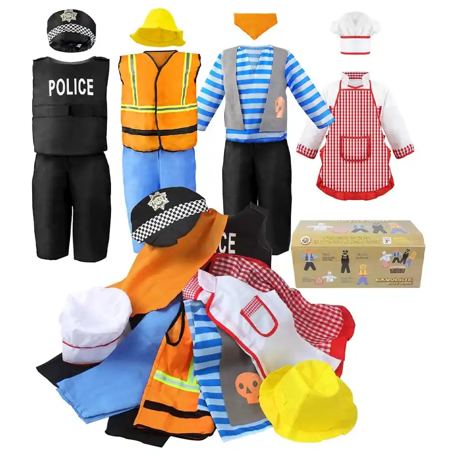 A set of children's role-play costumes featuring police, firefighter, chef, construction worker, and pirate outfits. Perfect for engaging indoor games, dress-up play, and imaginative storytelling activities that inspire creativity and social interaction.