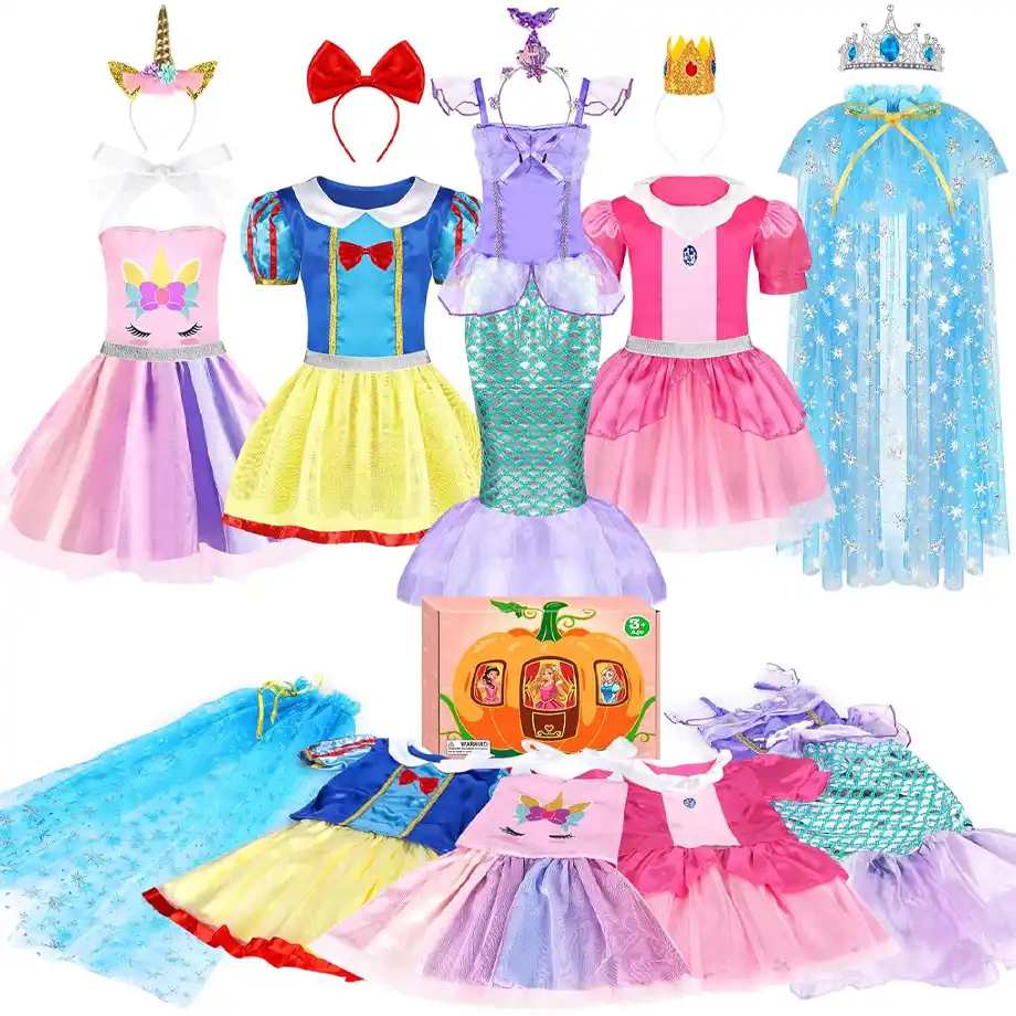 A collection of princess-themed dress-up costumes for kids, featuring unicorn, Snow White, mermaid, and fairy tale princess outfits with matching accessories. Ideal for imaginative indoor games, role-playing, and fun storytelling adventures.