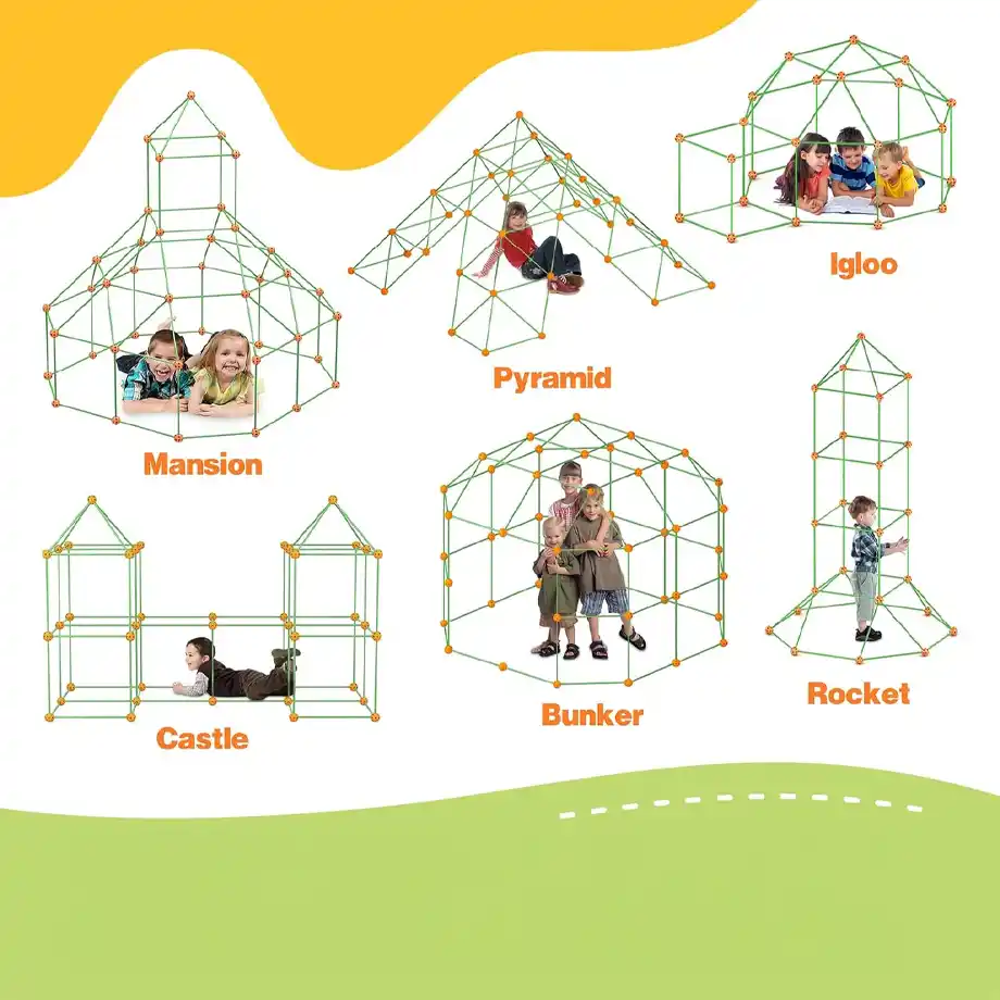 A fort-building kit for kids featuring various structure designs, including a mansion, pyramid, igloo, castle, bunker, and rocket. This fun and interactive Indoor Games activity encourages creativity, teamwork, and imaginative play, making it perfect for children to enjoy at home.