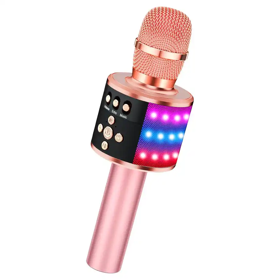 A stylish rose gold wireless karaoke microphone with built-in LED lights and control buttons, perfect for singing and entertaining at home. This microphone is a great choice for Indoor Games like karaoke nights, family gatherings, and party competitions, adding excitement with its colorful lights and high-quality sound features.