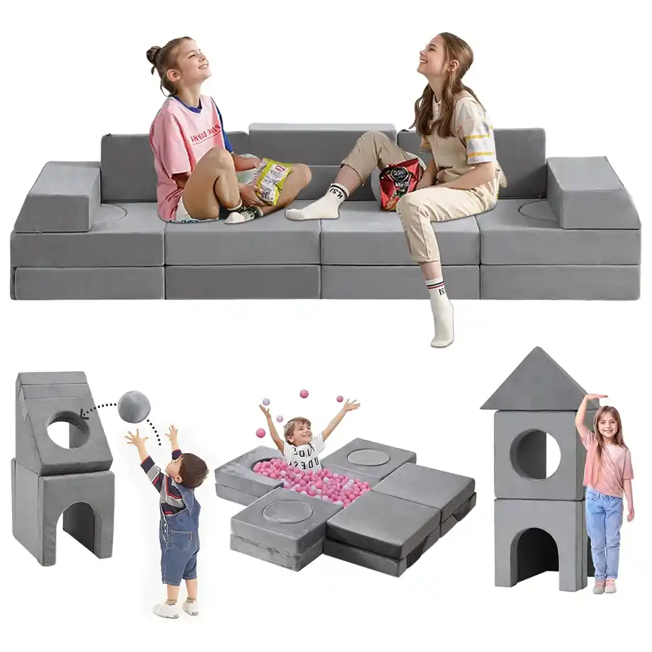 A modular play couch designed for kids, offering multiple configurations for fun and creativity. Children can use it as a sofa, ball pit, or build imaginative structures like towers and forts. This Indoor Games set provides endless entertainment, encouraging active play, problem-solving, and teamwork at home.