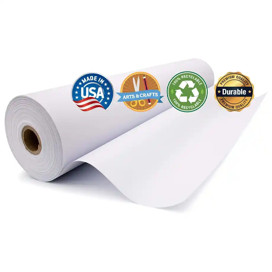 A durable, recyclable white craft paper roll, ideal for arts and crafts, drawing, and Indoor Games. Made in the USA, this high-quality paper is perfect for kids' creative activities, board game customizations, and DIY projects. Great for endless fun at home!