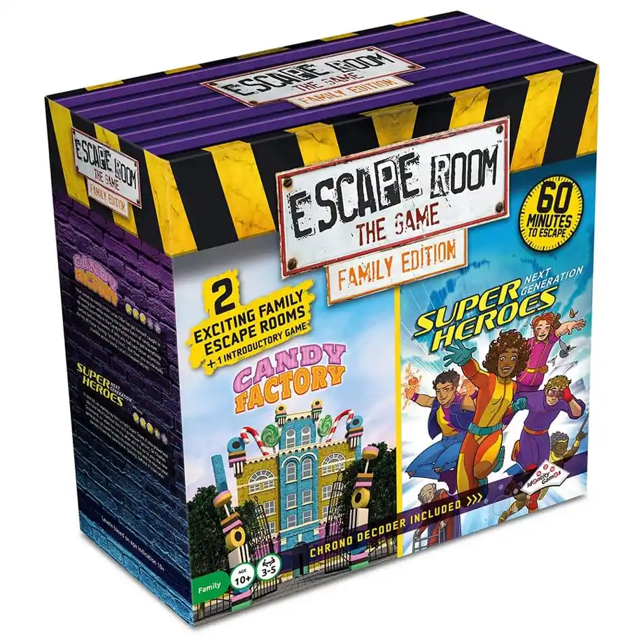 Escape Room The Game: Family Edition is a thrilling board game designed for Indoor Games with family and friends. Featuring two exciting escape room challenges, "Candy Factory" and "Super Heroes," this game offers 60 minutes of problem-solving fun for ages 10 and up. Perfect for game nights and family bonding!